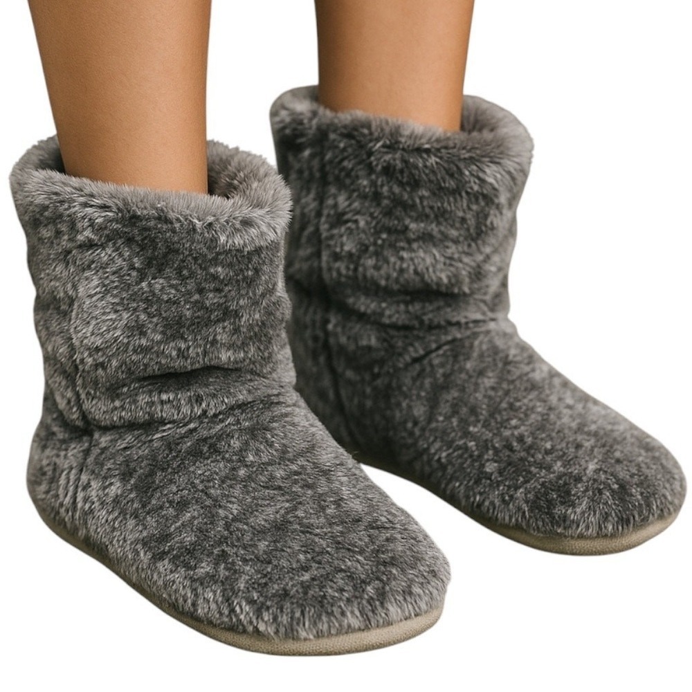 Dearfoams Womens Grey Faux Fur Lined Bootie Slippers Zip Closure Size‎ 5-6 Small